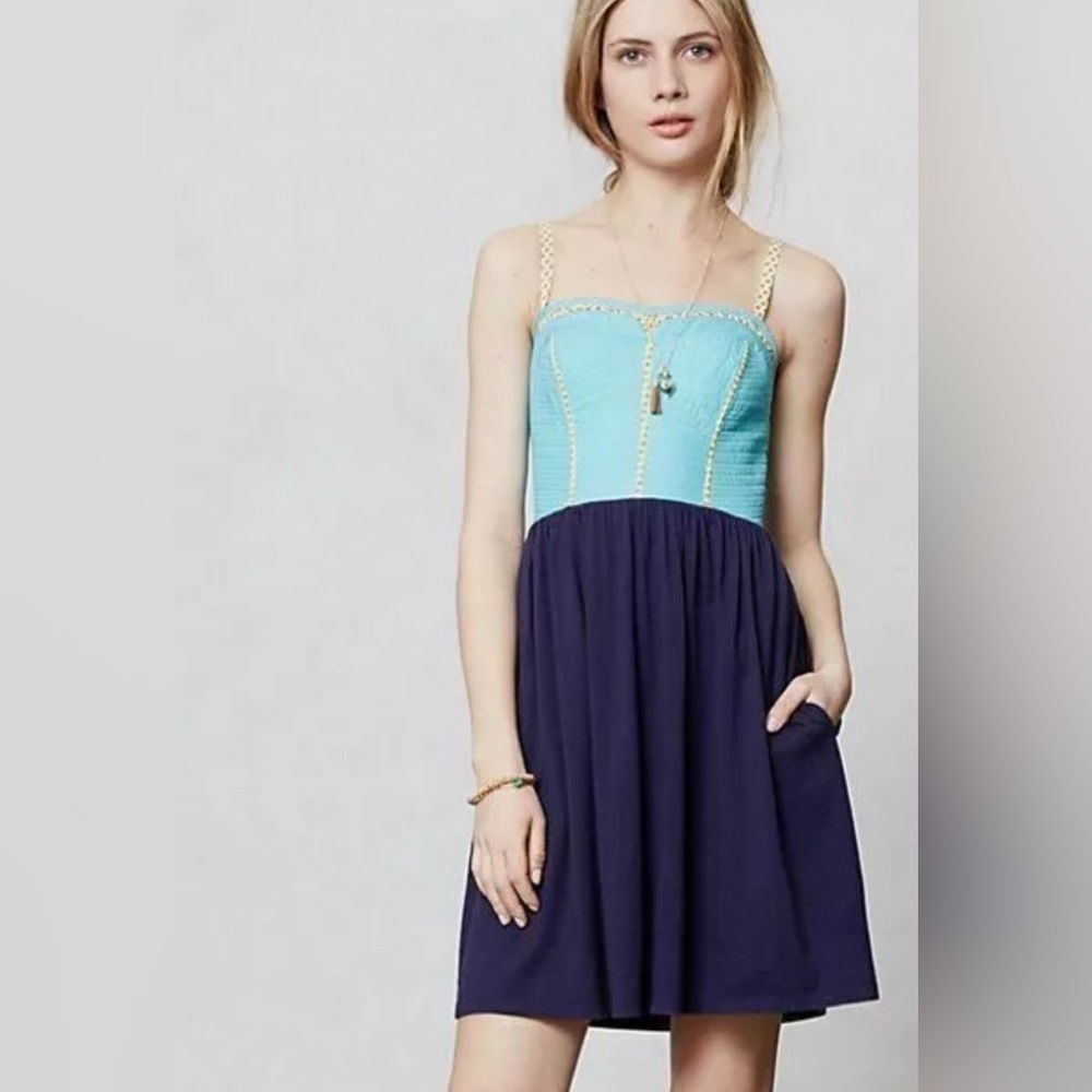 Anthropologie Aqua and Navy Mini Dress